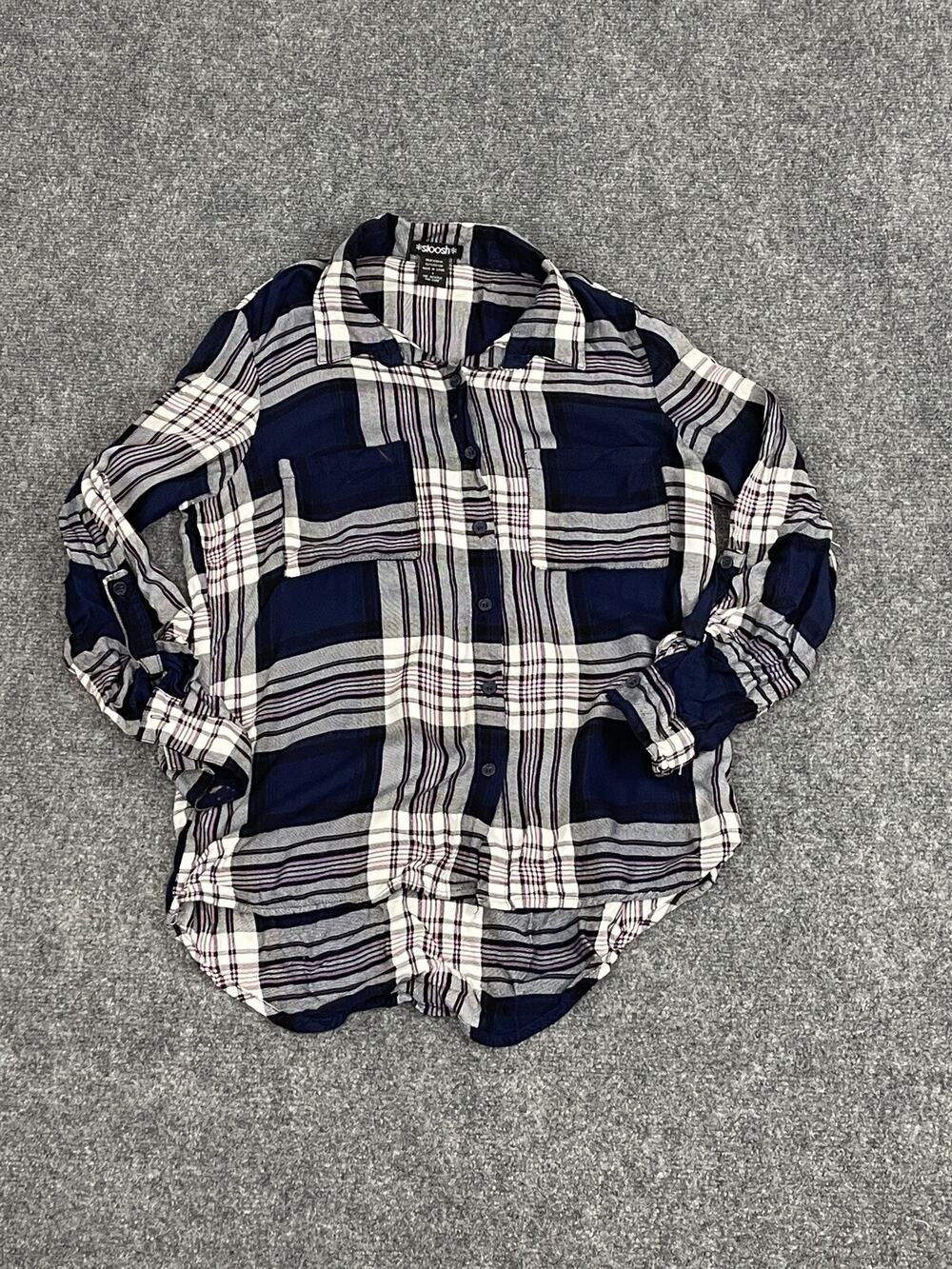 Stoosh Shirt Womens Small Button Up Blue Plaid Long Sleeve Rayon Top N131